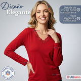 Camiseta Polera Polar Cuello V Manga Larga Con Encaje Colores Surtidos Mujer
