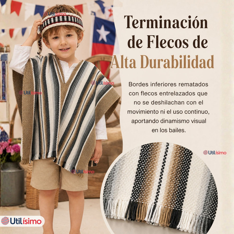 Poncho Manta Mapuche Con Trarilonco Niño Fiestas Patrias