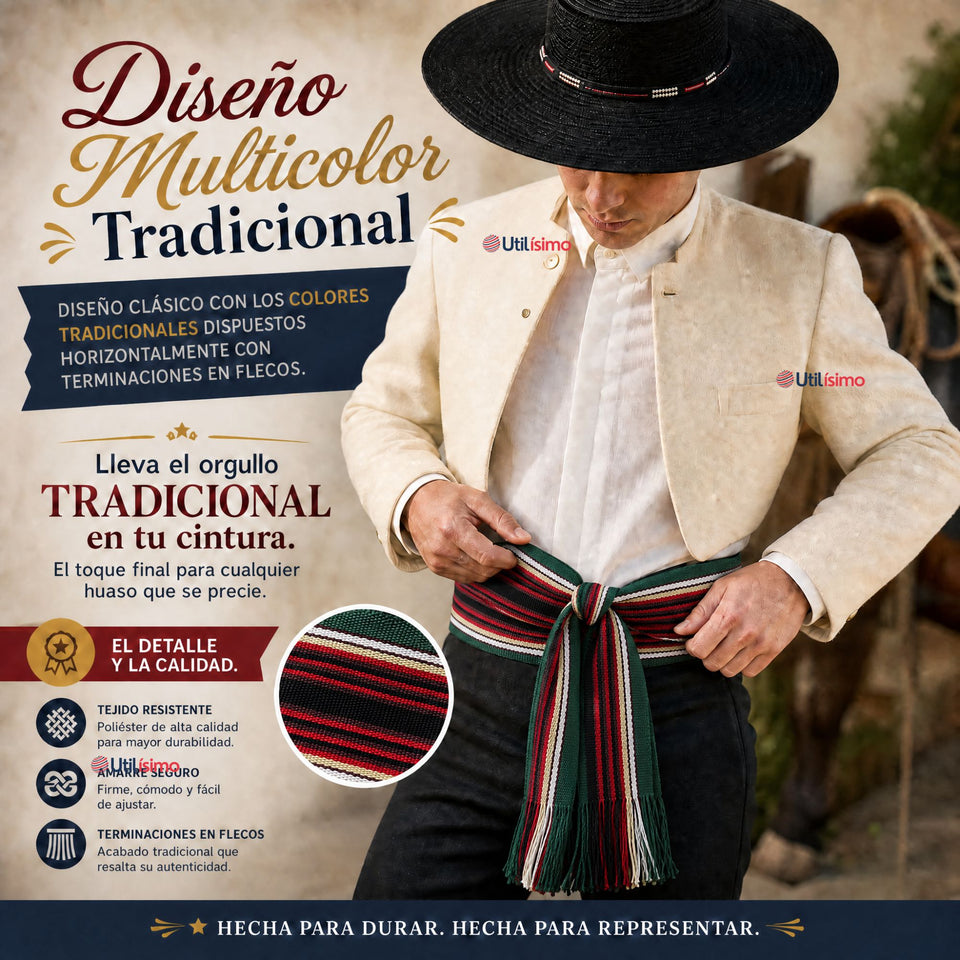 Faja Huaso Juvenil Fiestas Patrias Bailes Típico Verde Multicolor