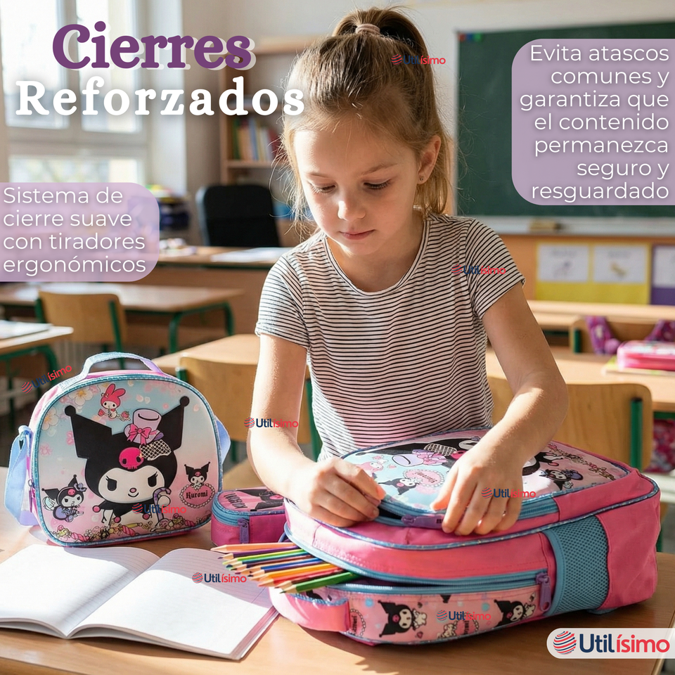 Mochila Escolar Kuromi 3D Con Ruedas Desmontable + Estuche + Lonchera Poliéster Rosa Niña