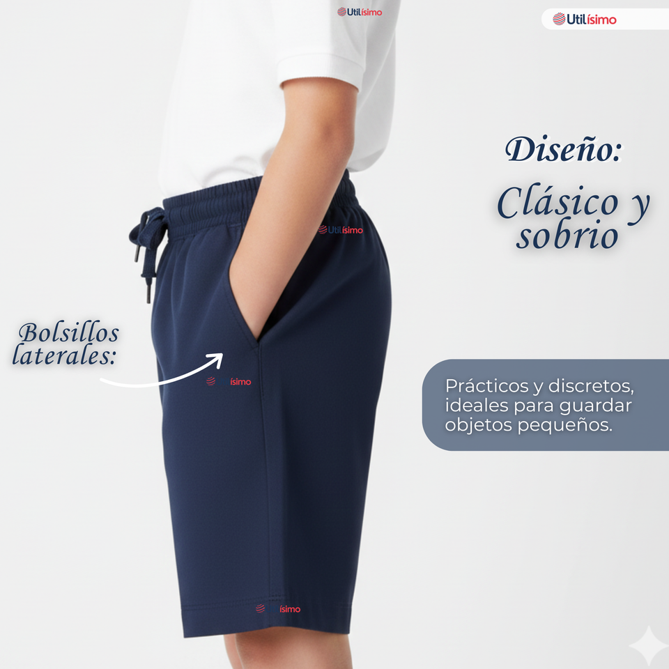 Short Pantalon Corto Juvenil Algodón Deportivo Escolar Azul Marino