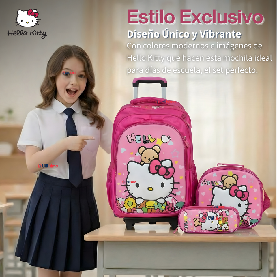 Mochila Escolar Hello Kitty Flowers Con Ruedas Desmontables + Estuche + Lonchera Niña Poliéster