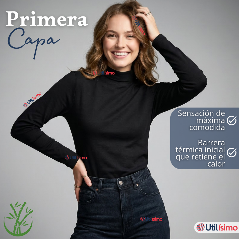 Pack 3 Camisetas Poleras Bambú Primera Capa Cuello Beatle Manga Larga Blanco Negro Mujer