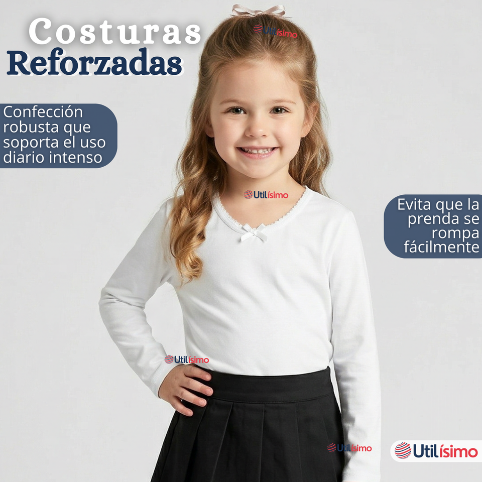 Pack 3 Camisetas Poleras Algodón Cuello Redondo Primera Capa Manga Larga Colores Surtidos Niña