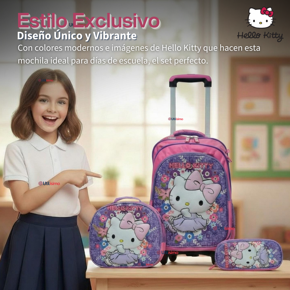 Mochila Escolar Hello Kitty Con Ruedas Desmontables + Estuche + Lonchera Niña Poliéster