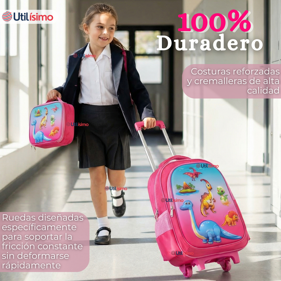 Mochila Escolar Con Ruedas + Estuche + Lonchera 46cm Desmontable Poliéster Rosa Dinosaurio Niña