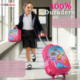 Mochila Escolar Con Ruedas + Estuche + Lonchera 46cm Desmontable Poliéster Rosa Dinosaurio Niña