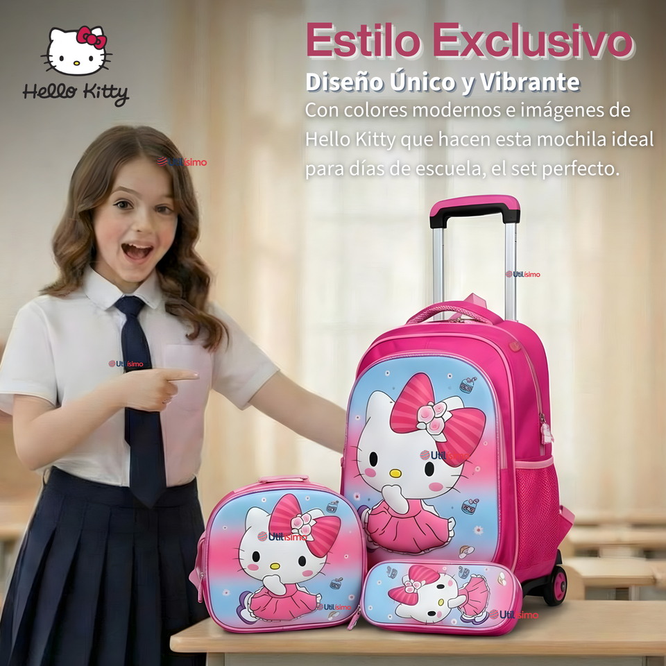 Mochila Escolar Hello Kitty Con Ruedas Desmontables + Estuche + Lonchera Niña Poliéster Pink