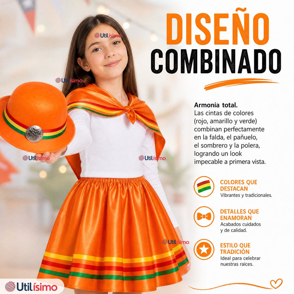 Pack 3 Trajes Nortinos Niña Naranja 4 Piezas Con Poleras Baile Típico Fiestas Patrias