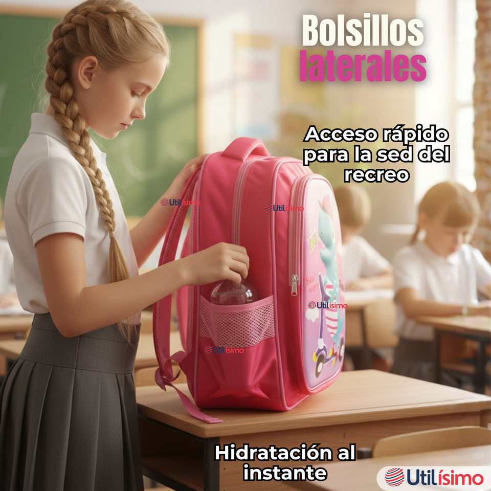 Mochila Escolar Con Ruedas + Estuche + Lonchera Poliéster Niña