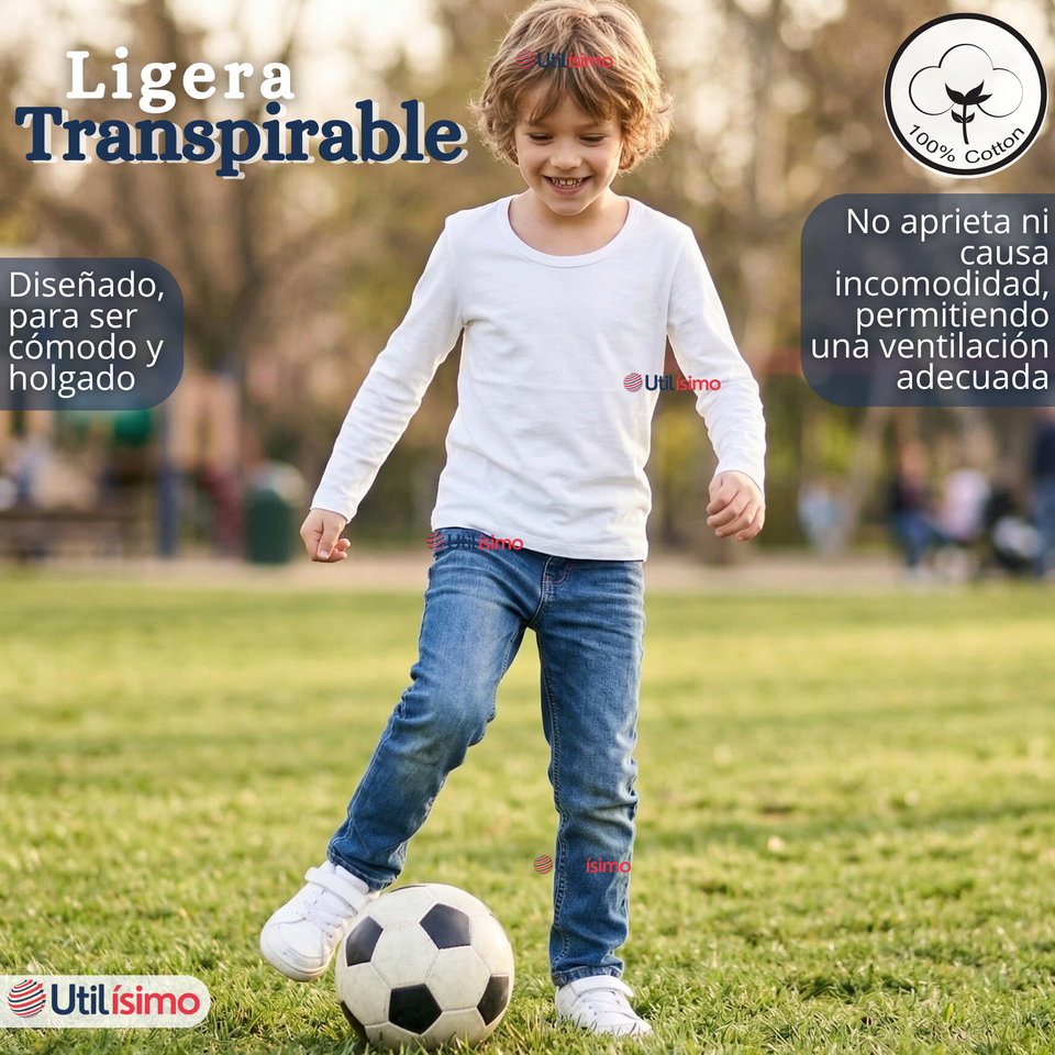 Pack 3 Camisetas Poleras Algodón Primera Capa Manga Larga Blanco Negro Niño