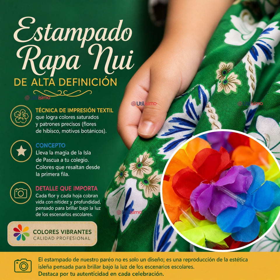 Traje Páscuense Pareo Hawaiano Verde Niña Con Accesorios