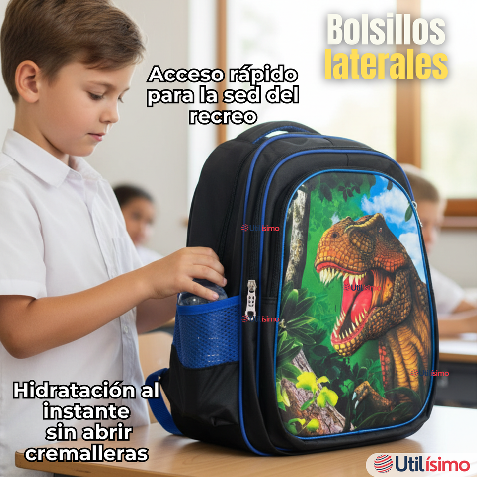 Mochila Escolar Con Ruedas + Estuche + Lonchera Poliéster Dinosaurio Niño