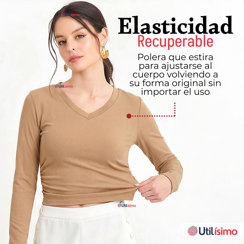 Camiseta Polar Polera Cuello V Mujer Manga Larga Tela Acanalada Colores Surtidos