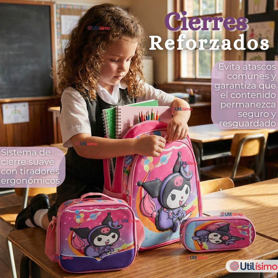 Mochila Escolar Kuromi 3D Con Ruedas Desmontable + Estuche + Lonchera Poliéster Rosa Niña