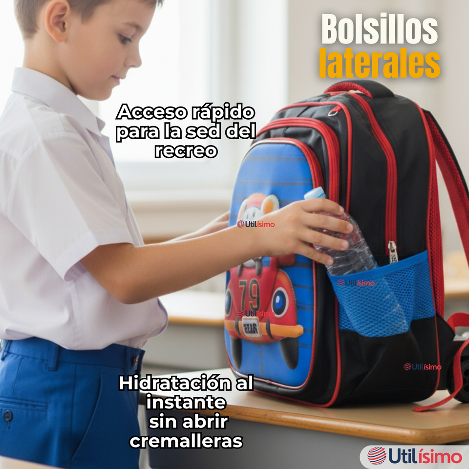 Mochila Escolar Con Ruedas + Estuche + Lonchera Poliéster Oso Niño