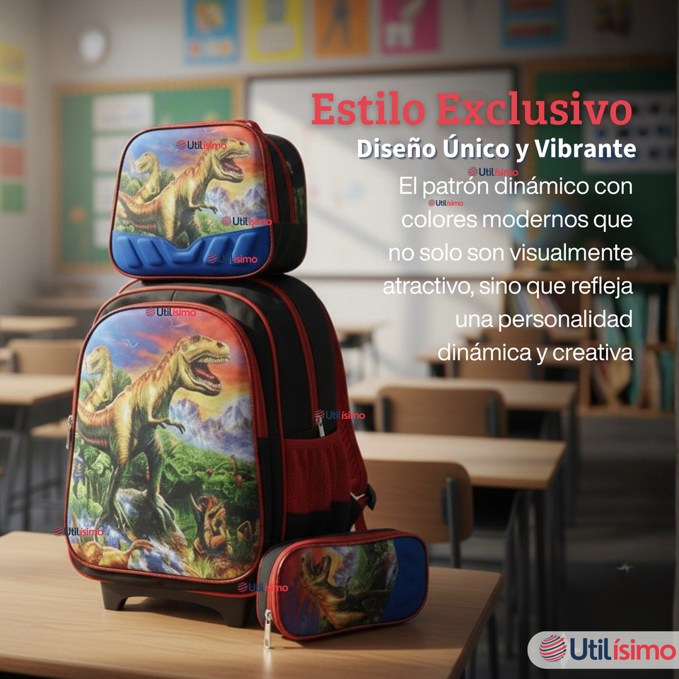 Mochila Escolar Con Ruedas Desmontables Diseño 3D + Estuche + Lonchera Niño Poliéster Dinosaur