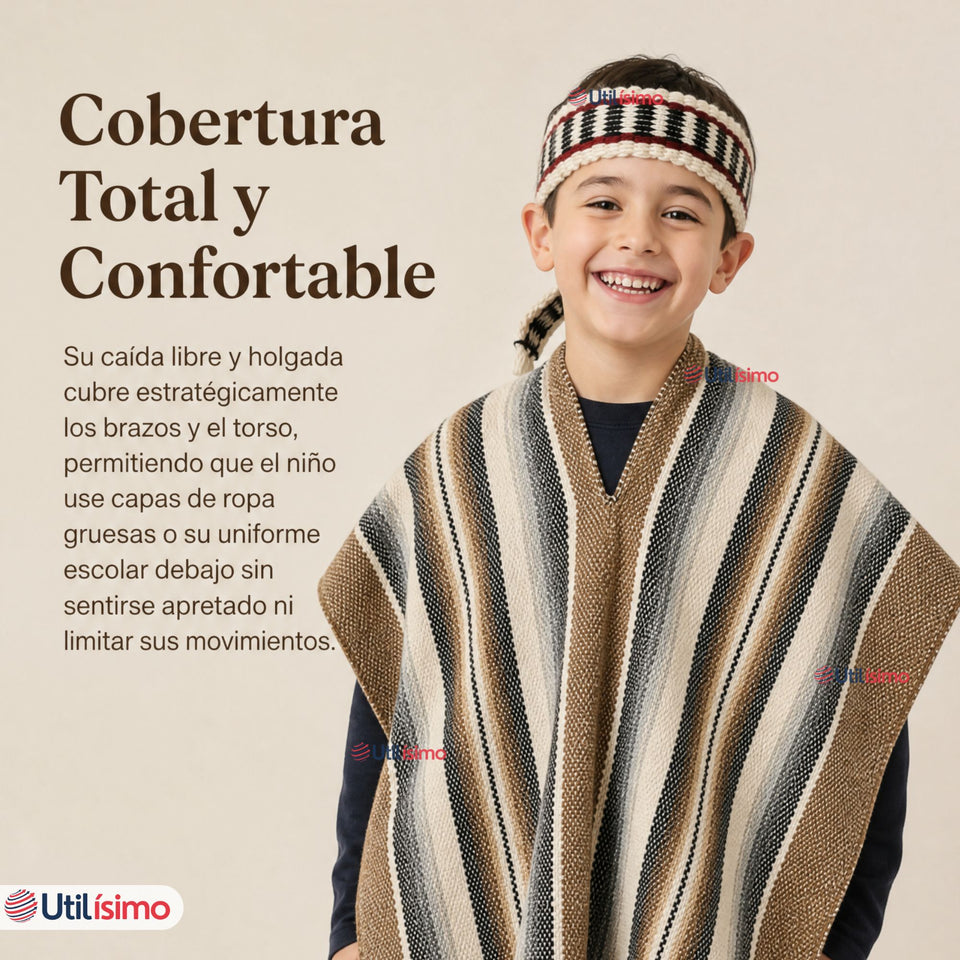 Poncho Manta Mapuche Con Trarilonco Niño Fiestas Patrias