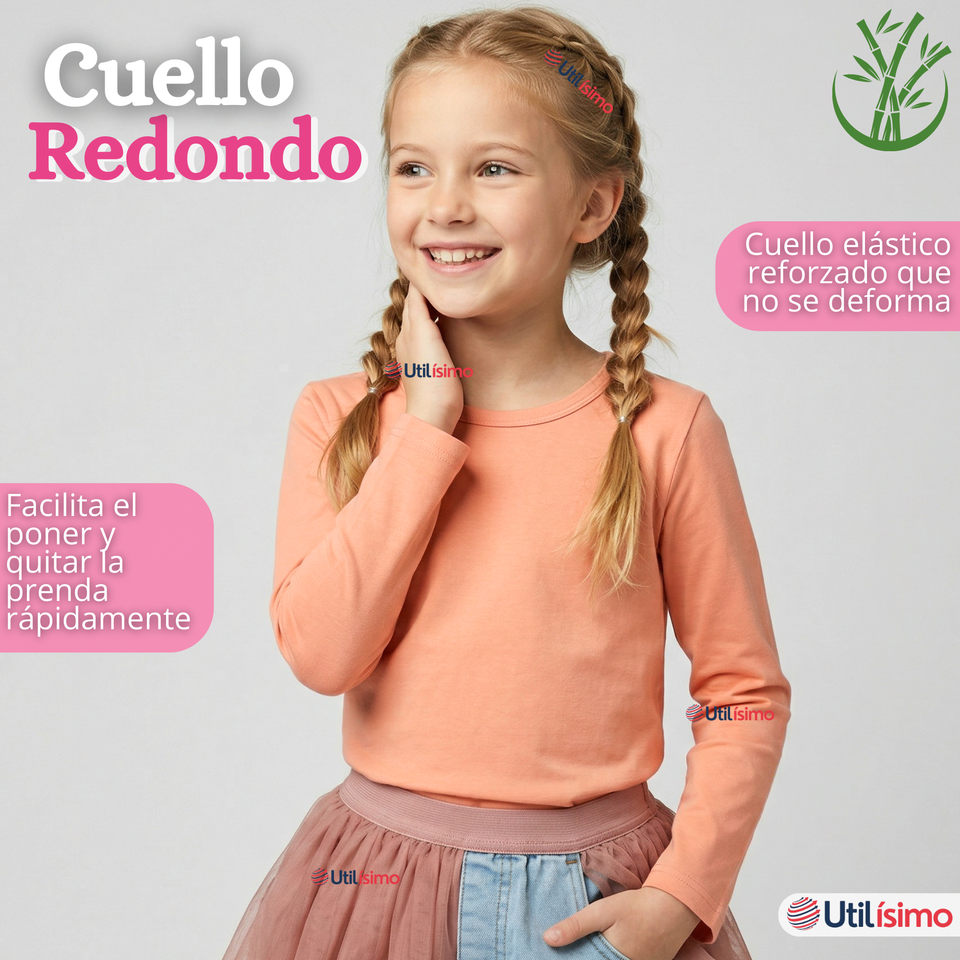 Camiseta Polera Bambú Cuello Redondo Primera Capa Manga Larga Colores Surtido Niña