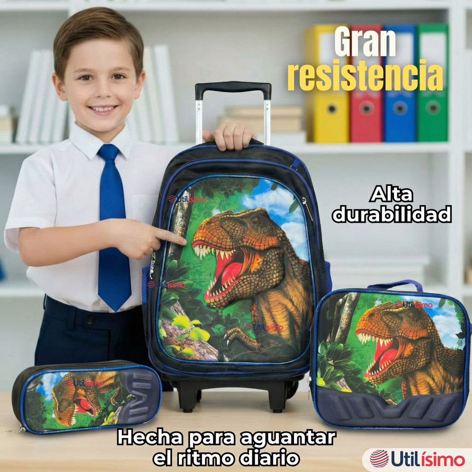 Mochila Escolar Con Ruedas + Estuche + Lonchera Poliéster Dinosaurio Niño