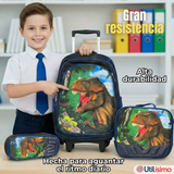Mochila Escolar Con Ruedas + Estuche + Lonchera Poliéster Dinosaurio Niño