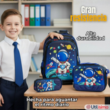 Mochila Escolar Con Ruedas + Estuche + Lonchera Poliéster Astronauta Niño