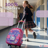 Mochila Escolar Kuromi 3D Con Ruedas Desmontable + Estuche + Lonchera Poliéster Rosa Niña