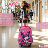 Mochila Escolar Kuromi 3D Con Ruedas Desmontable + Estuche + Lonchera Poliéster Rosa Niña