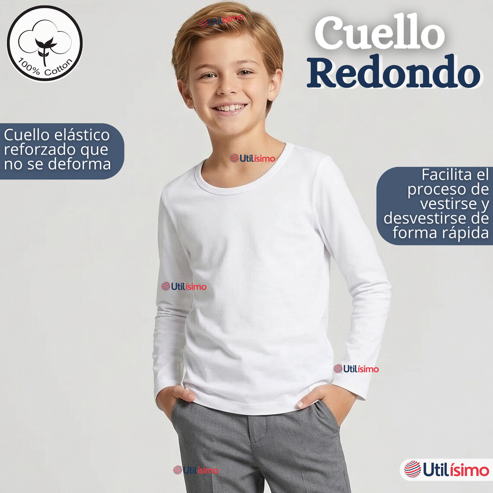 Pack 3 Camisetas Poleras Algodón Primera Capa Manga Larga Blanco Negro Niño