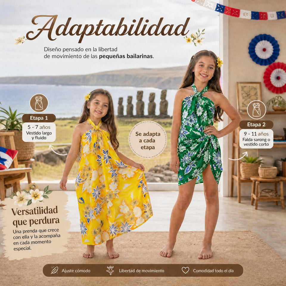 Pack 3 Pareos Pascuense Niña Hawaiano Surtidos Danza Fiestas Patrias