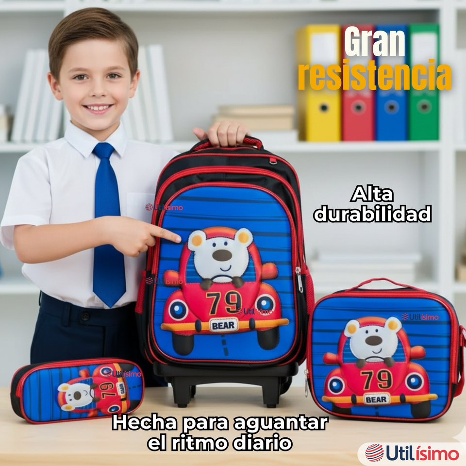 Mochila Escolar Con Ruedas + Estuche + Lonchera Poliéster Oso Niño