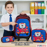 Mochila Escolar Con Ruedas + Estuche + Lonchera Poliéster Oso Niño