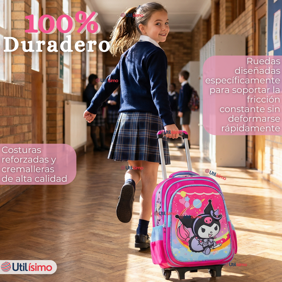 Mochila Escolar Kuromi 3D Con Ruedas Desmontable + Estuche + Lonchera Poliéster Rosa Niña