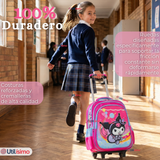 Mochila Escolar Kuromi 3D Con Ruedas Desmontable + Estuche + Lonchera Poliéster Rosa Niña
