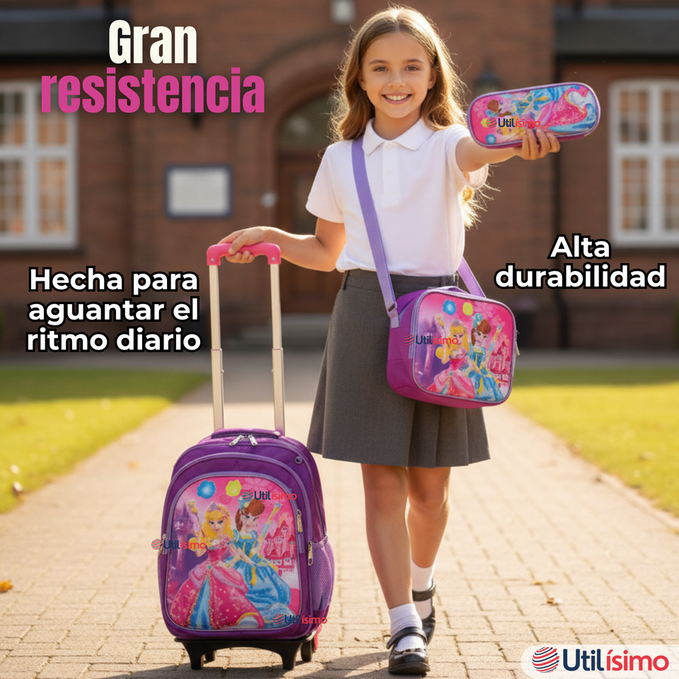 Mochila Escolar Con Ruedas + Estuche + Lonchera Poliéster Princesas Niña