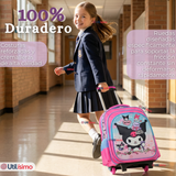 Mochila Escolar Kuromi 3D Con Ruedas Desmontable + Estuche + Lonchera Poliéster Rosa Niña