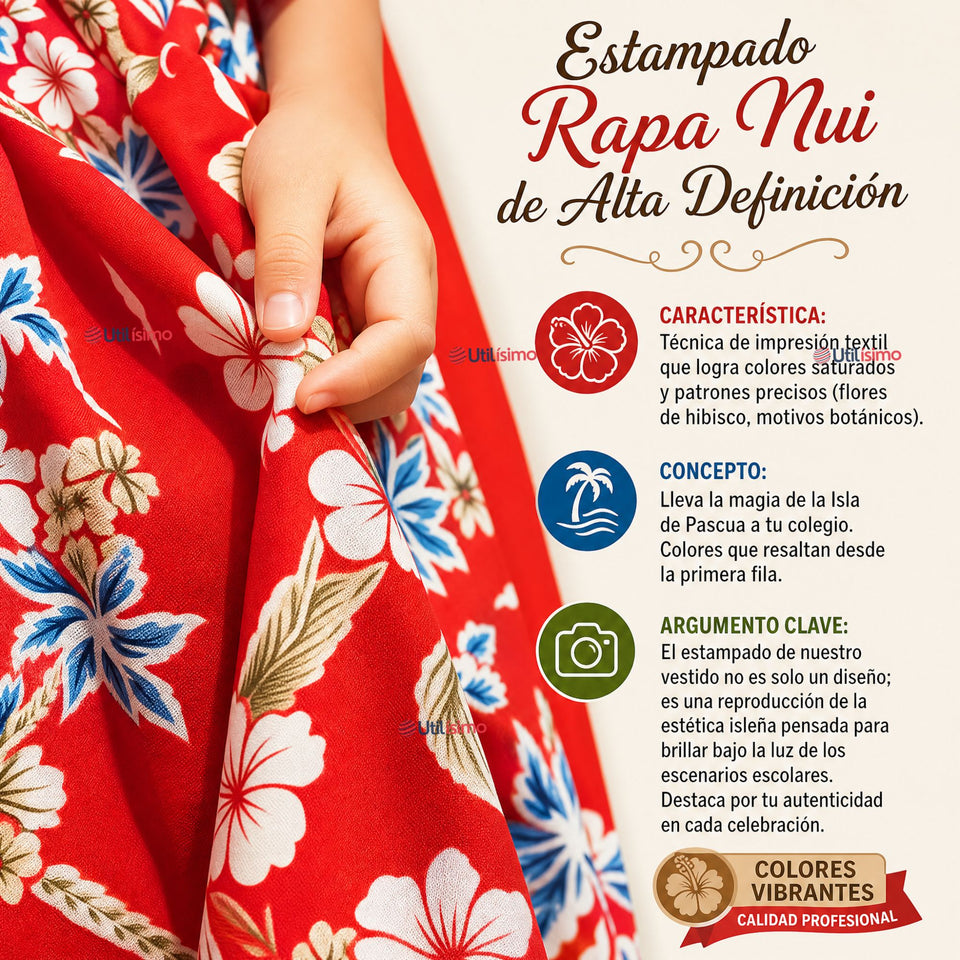 Pareo Pascuense Niña Hawaiano Rojo Danza Fiestas Patrias