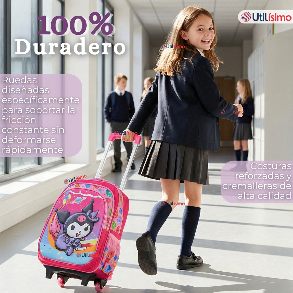 Mochila Escolar Kuromi 3D Con Ruedas Desmontable + Estuche + Lonchera Poliéster Rosa Niña