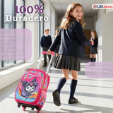 Mochila Escolar Kuromi 3D Con Ruedas Desmontable + Estuche + Lonchera Poliéster Rosa Niña