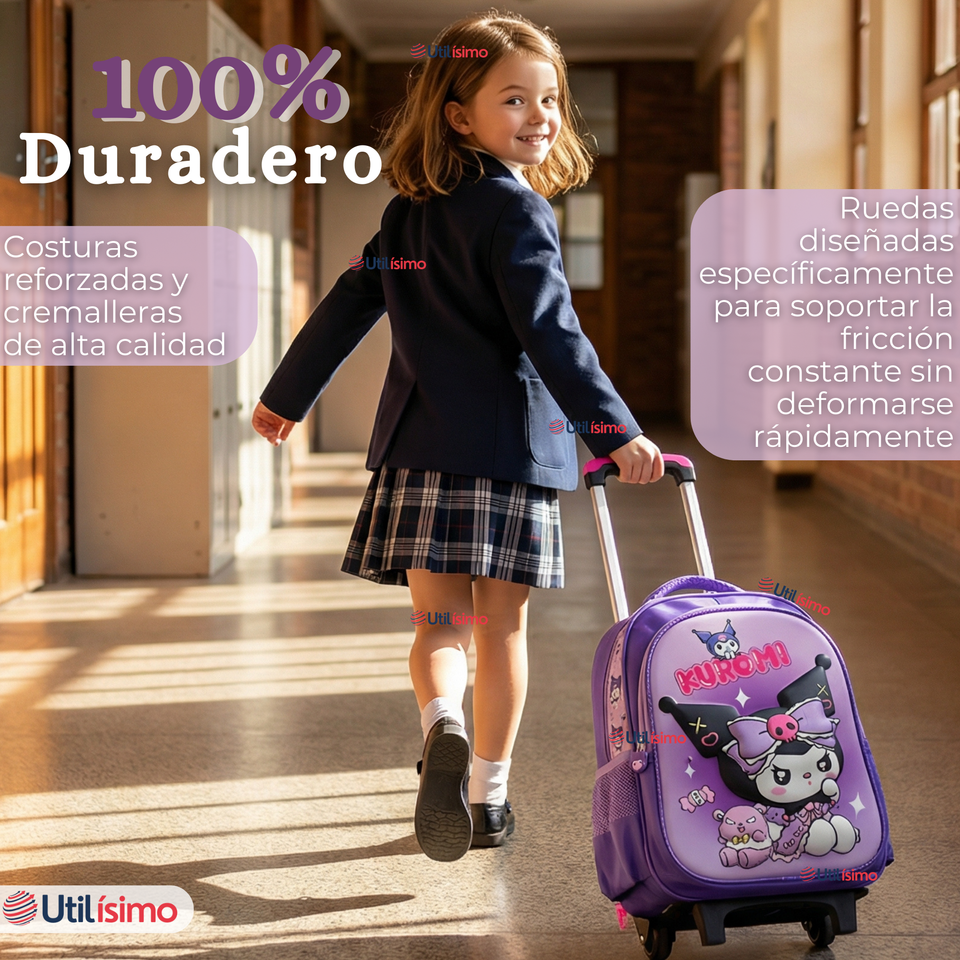 Mochila Escolar Kuromi 3D Con Ruedas Desmontable + Estuche + Lonchera Poliéster Morado Niña