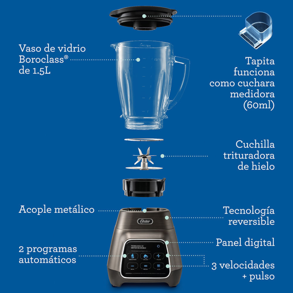 Licuadora Oster® programas automáticos con tecnología reversible, pantalla táctil y vaso BLend-N-Go BLSTPYG1312XBG