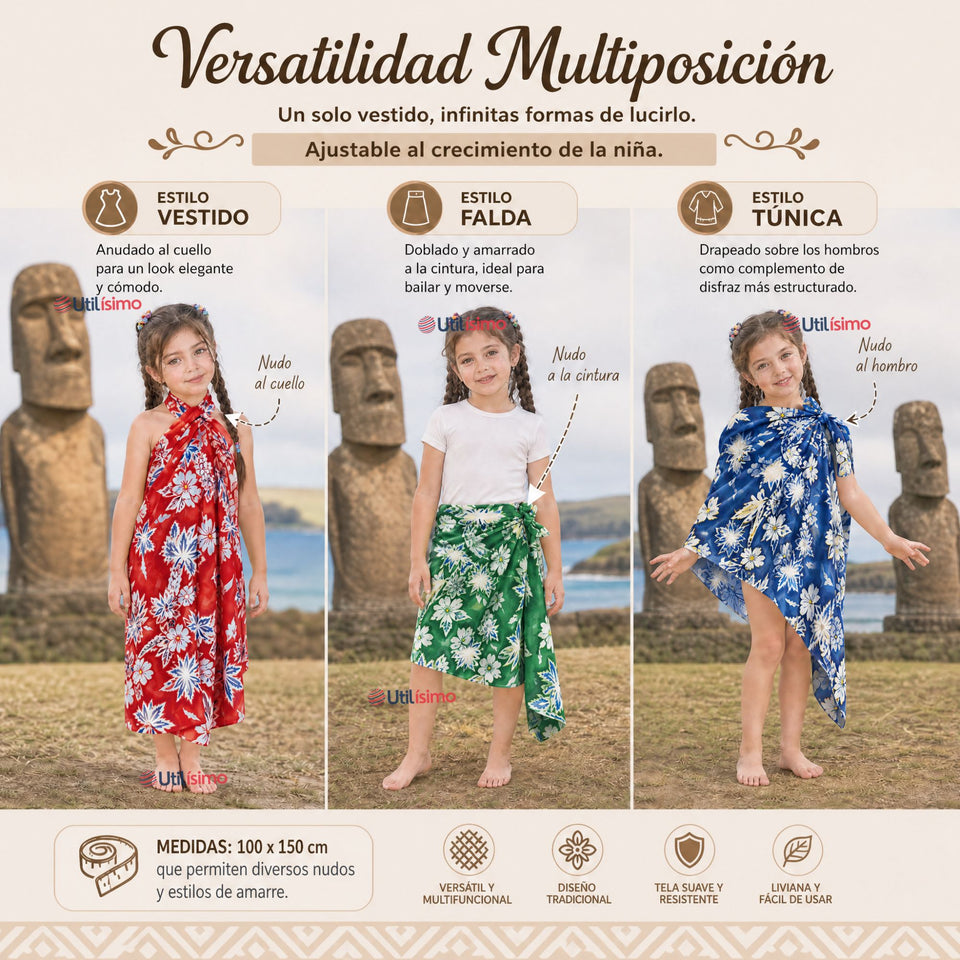Pack 3 Pareos Pascuense Niña Hawaiano Surtidos Danza Fiestas Patrias