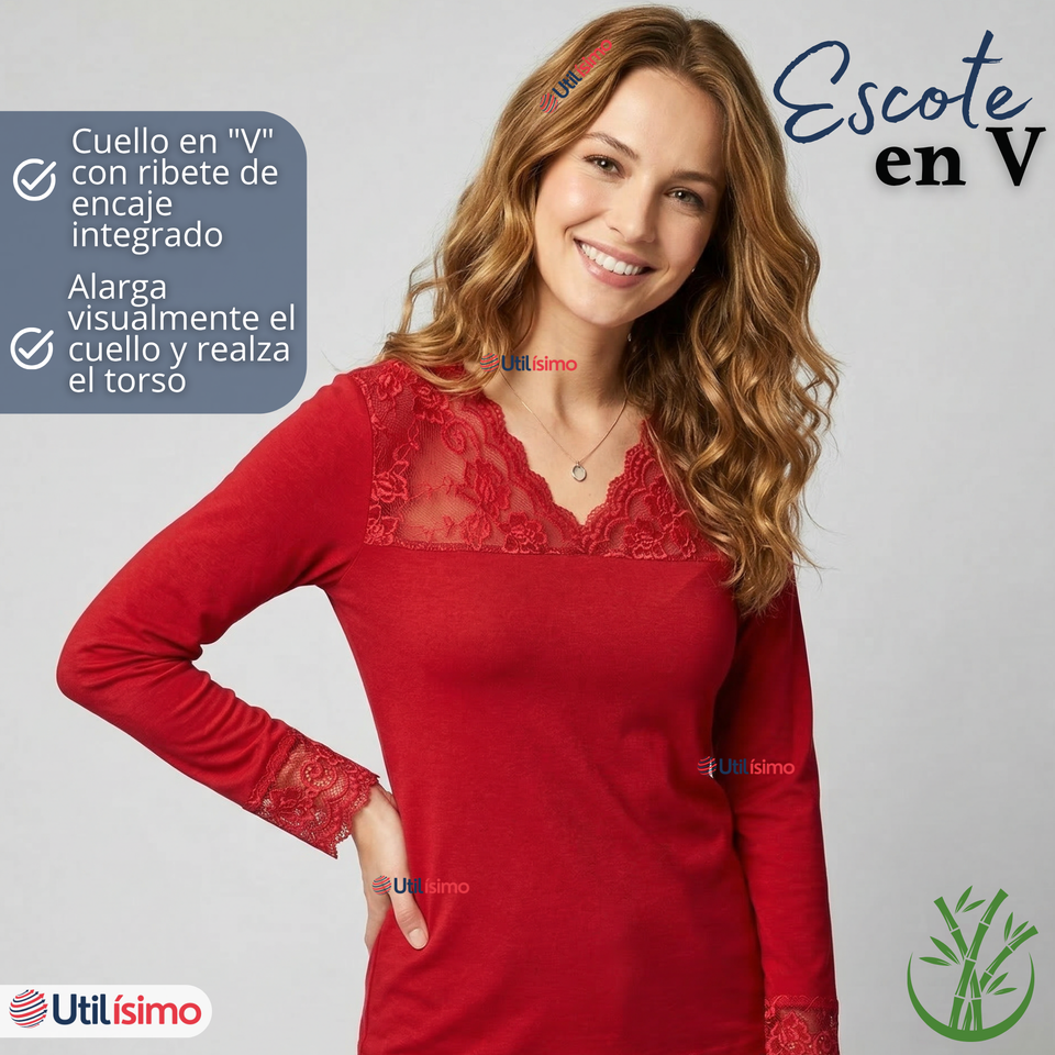 Pack 6 Camisetas Poleras Bambú Cuello V Manga Larga Con Encaje Colores Surtidos Mujer