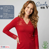 Pack 6 Camisetas Poleras Bambú Cuello V Manga Larga Con Encaje Colores Surtidos Mujer
