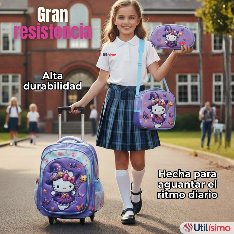 Mochila Hello Kitty Escolar Con Ruedas + Estuche + Lonchera Desmontable Poliéster Lila Niña