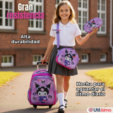 Mochila Kuromi Escolar Con Ruedas + Estuche + Lonchera Desmontable Poliéster Lila Niña