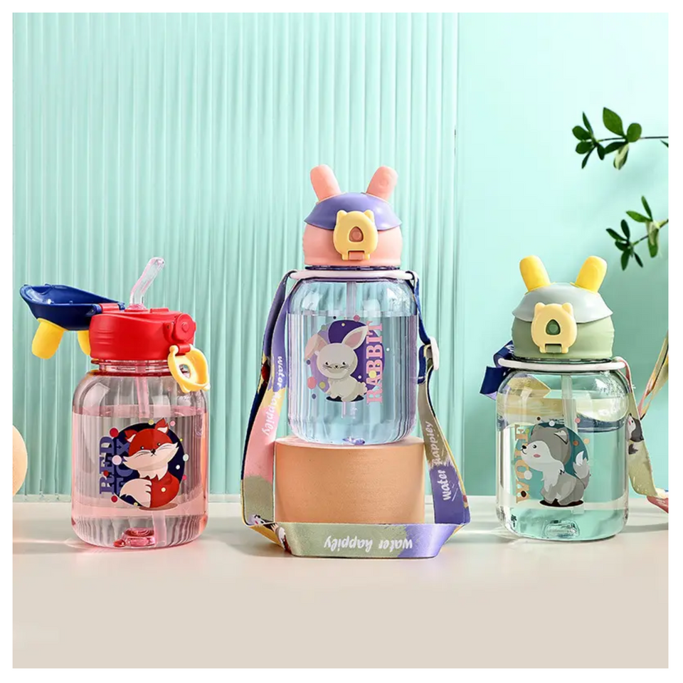 Botella Plástica 600ML Con Bombilla y Correa Kawai Sin BPA Niños