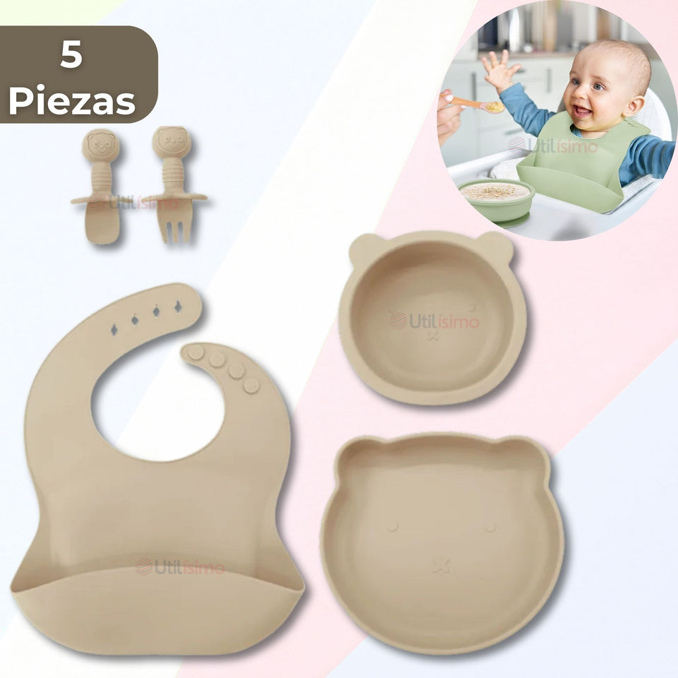 Set De Alimentación Bebé Silicona 5 Piezas De Osito Libre BPA Colores Surtidos