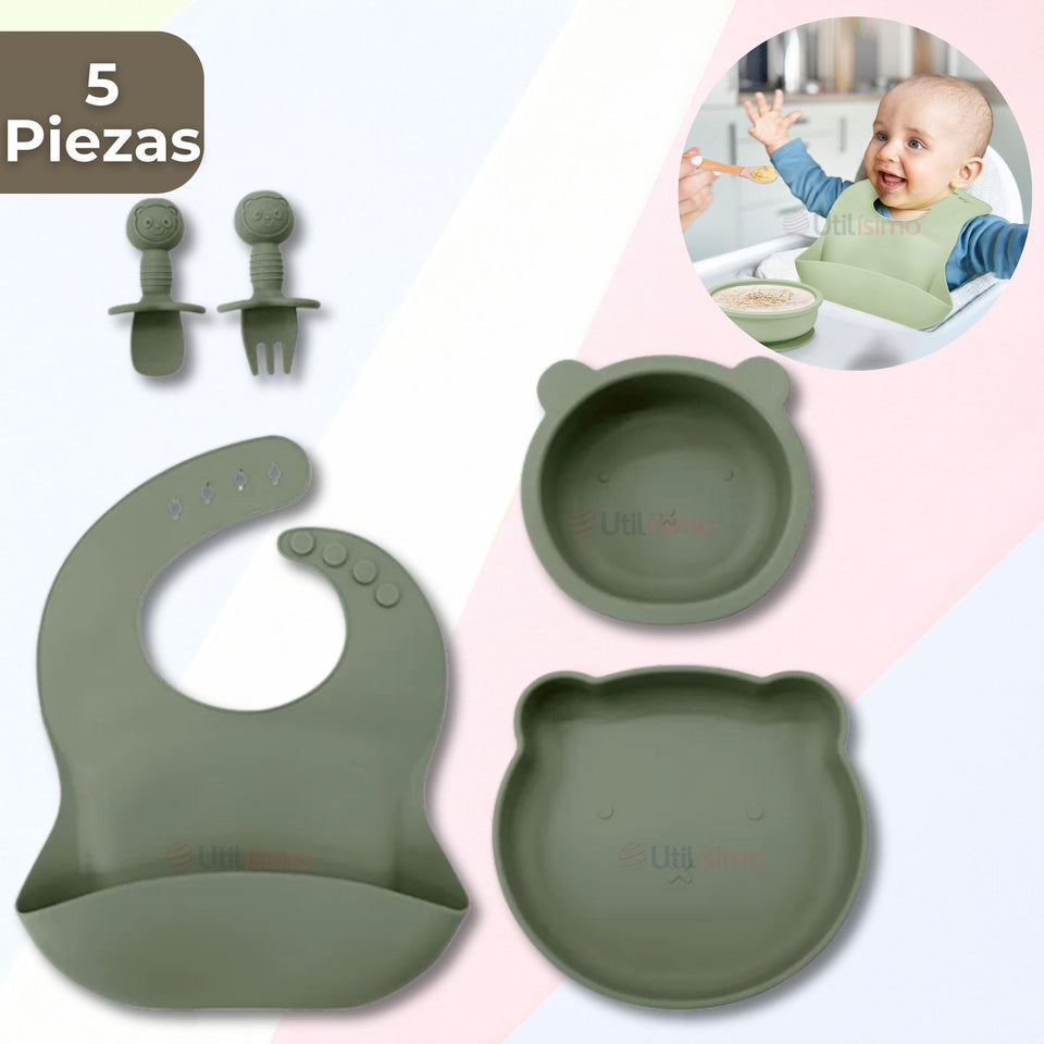 Set De Alimentación Bebé Silicona 5 Piezas De Osito Libre BPA Colores Surtidos
