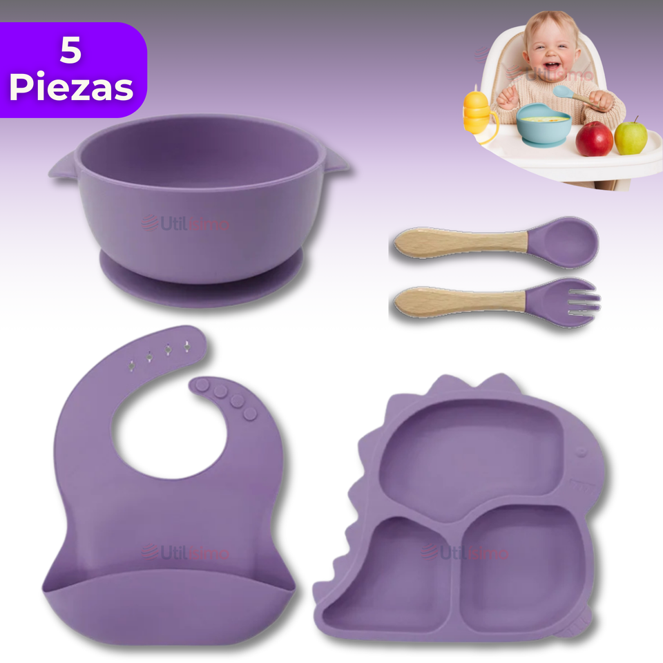 Set De Alimentación Bebé Silicona 5 Piezas Dinosaurio Libre BPA